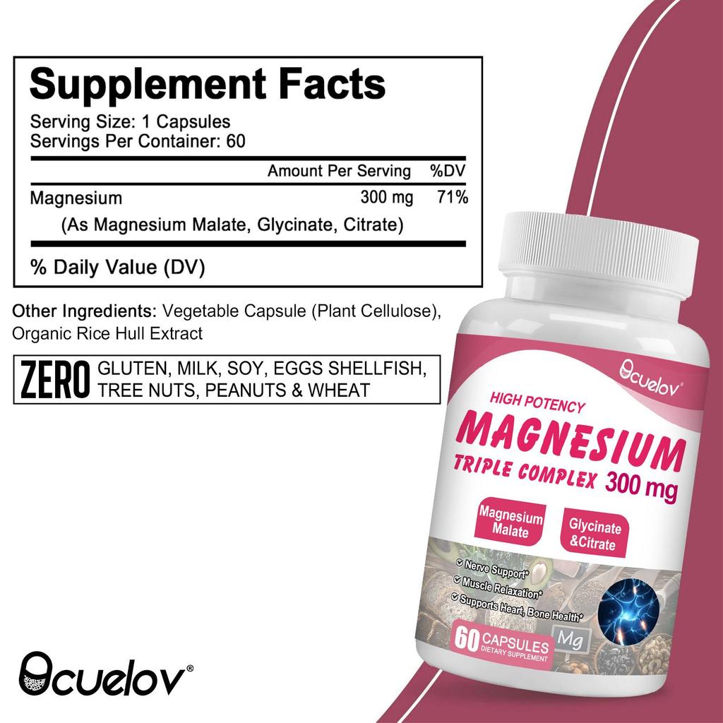 Magnesium Complex Supplement 300 mg - 3-in-1 High-Absorption Chelated Magnesium 60 Capsules