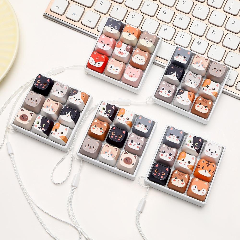 Cute Cat Mechanical Fidget Keycap 9 Keys Stress Relief Switch Clicker Decompression Keyboard Pendant Desktop Decoration