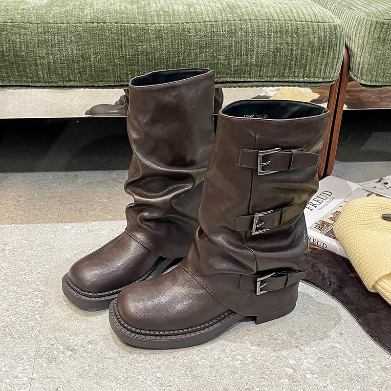 Thick-soled belt buckle pleated medium boots women's 2025 autumn and summer new western cowboy short boots Martin boots pant tube boots