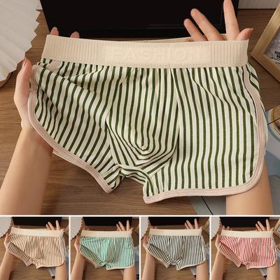 Men Boxer Underwear Mid-rise Elastic Waist Shorts Briefs U-Convex Design Striped Print Breathable Panties