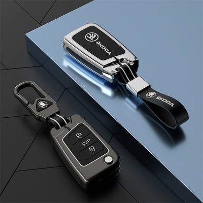 AAAJJ1 Car Flip Remote Key Case Cover Holder Shell for Octavia Kodiaq Karoq Zinc Alloy Leather Protector Keychain Accessories