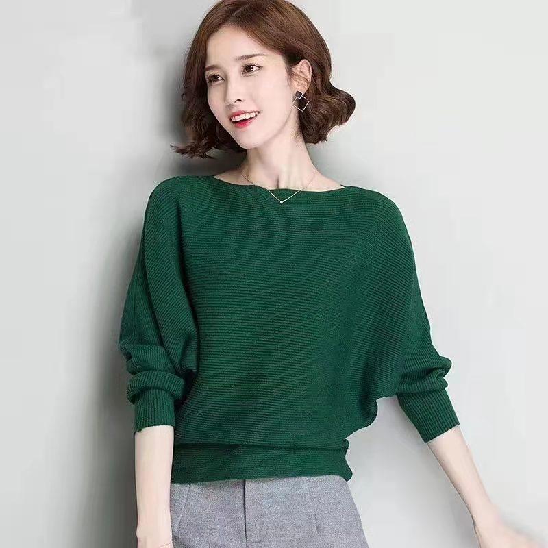 Autumn and Winter Knitted Sweaters, One-line Collar, Bat-sleeved Knitwear, Women's Pullover Bottoming Shirt