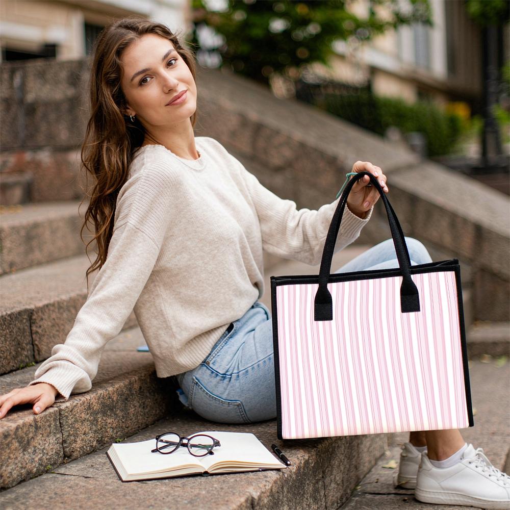 Pink Striped Canvas Tote Bag Casual Large Capacity Handbag for Daily Use