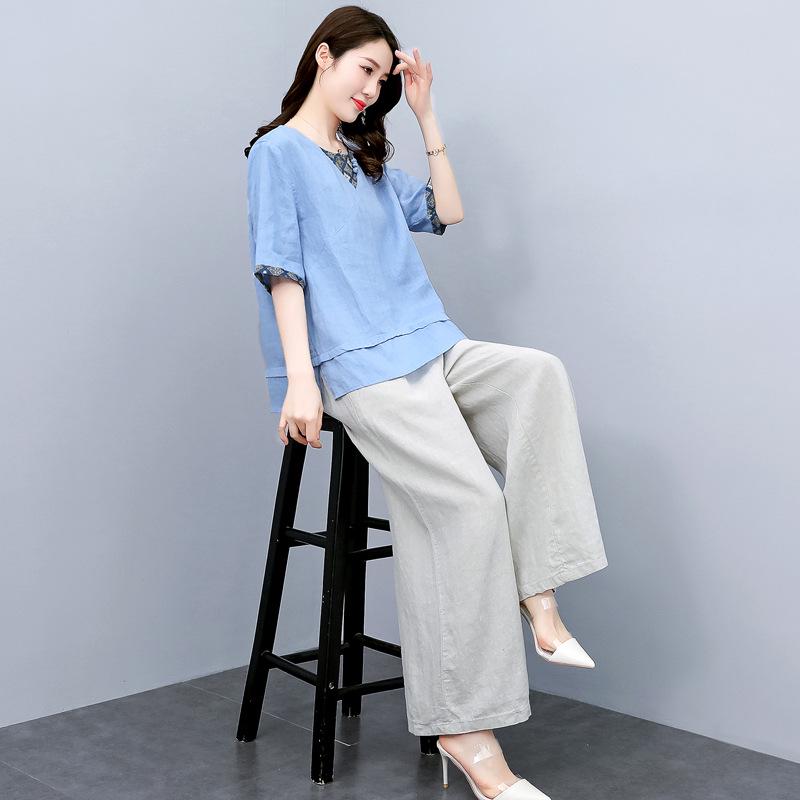 Summer 2025 Women's Retro Chinese Style Linen Top and Wide-Leg Pants Set