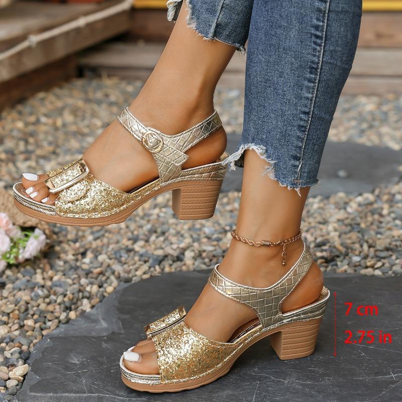 Large Size Sequined Velcro High Heel Sandals Women's New Buckle Thick Heel Fish Mouth Sandals Ebay