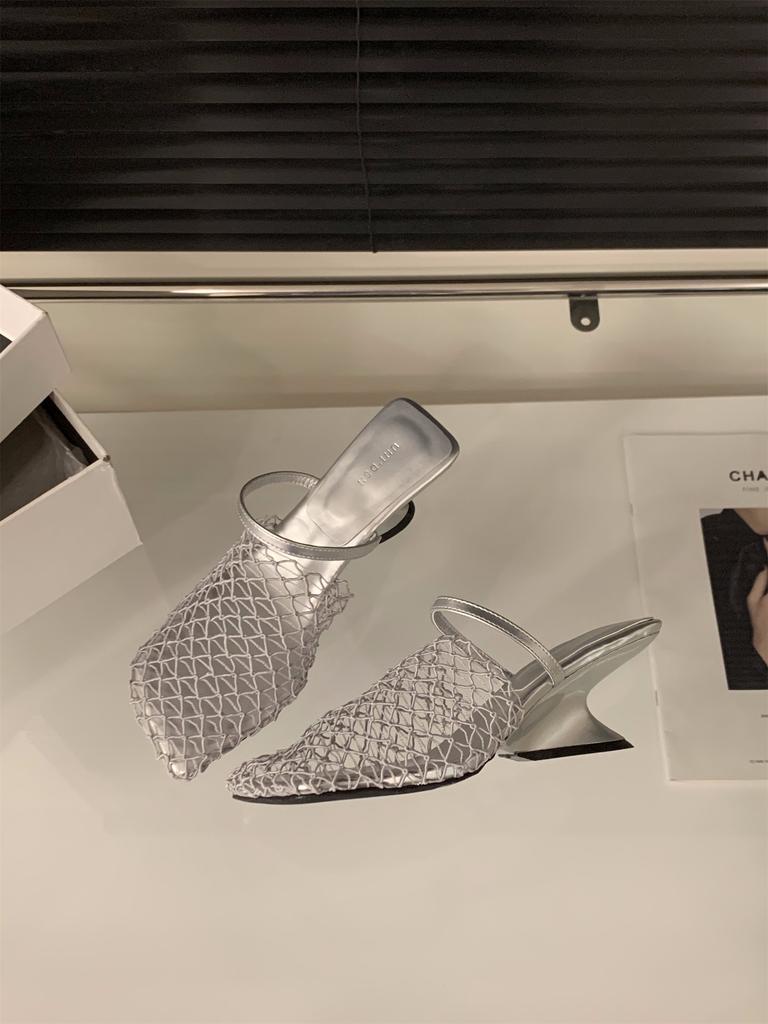 Internet celebrity slope heel mesh bag head half slippers women's shoes wear 2025 new summer breathable sandals