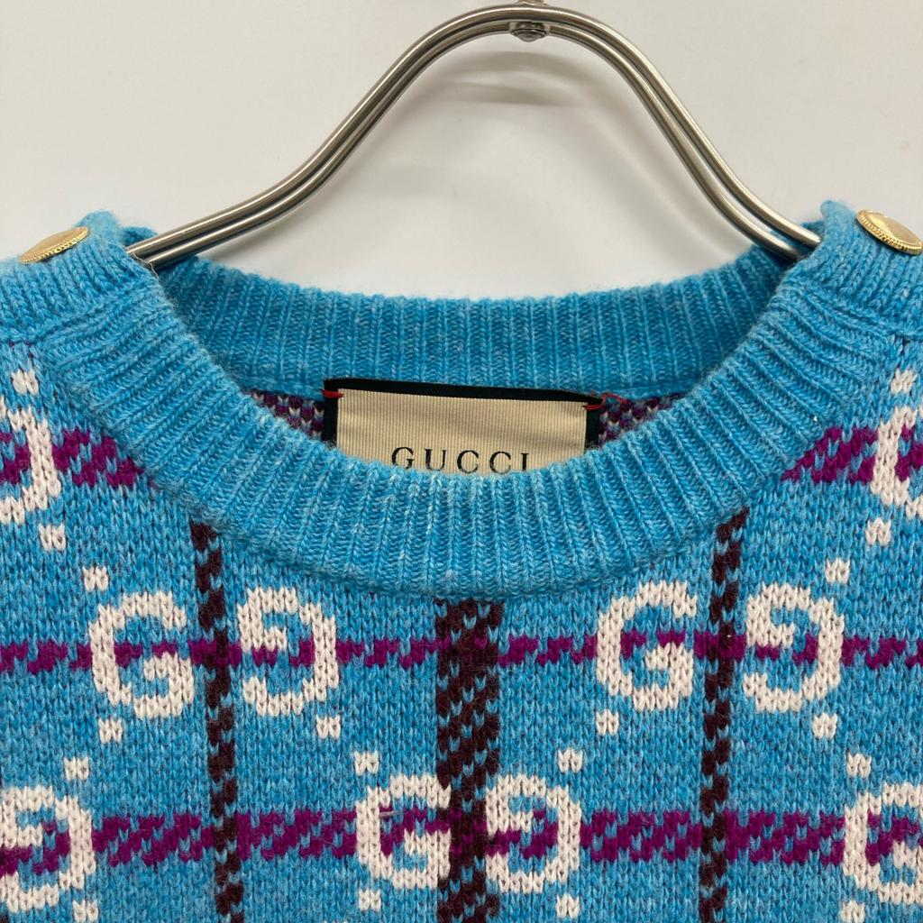 Gucci 23AW 731583 XKC1H Blue Wool Gold Button GGx Check Half Sleeve Knit Pullover Tops XS blueUsed