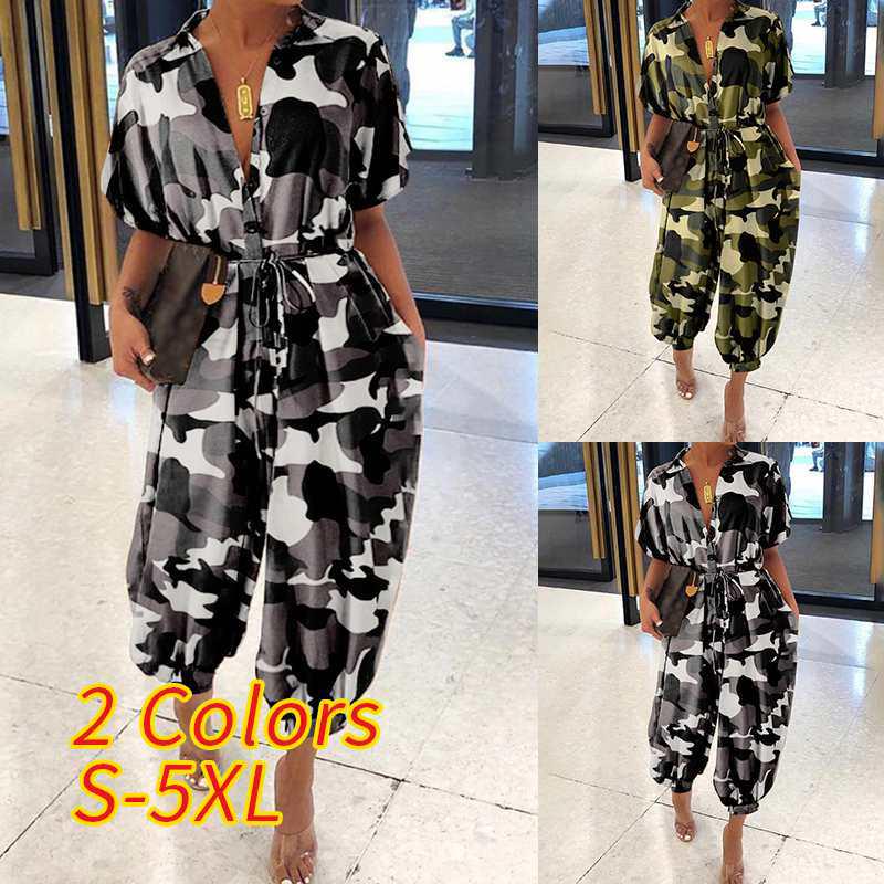 2020 Women's European Retro Leopard Print Short Sleeve Jumpsuit, Loose Plus Size, High Waist, Leg-Slimming Design