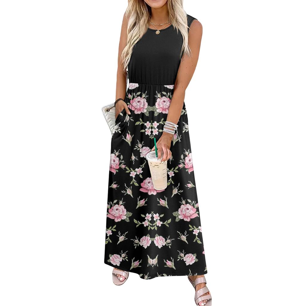 Sleeveless Floral Print Casual Dress for Women Waist Cinched Crew Neck Tank Long Maxi Dress for Daily Wear Vacation