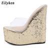 Eilyken PVC Transparent Platform Wedges Slippers Summer Peep Toe Shoes Woman Sexy Super High Mules Pumps Sandals