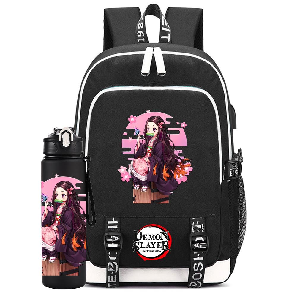 2Pcs/set Anime Demon Slayer Printed Backpack Large Capacity Waterproof Bookbag With 750ml Water Bottler Laptop Student Boy Girl Bookbag Gift