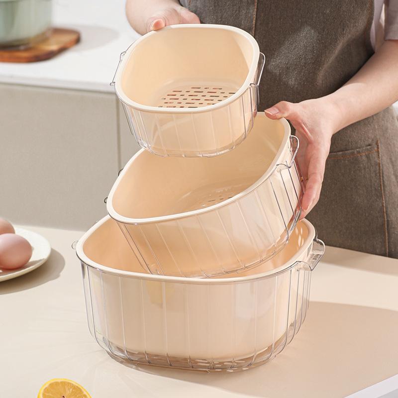Double Layer Drain Basket Cream Style Food Grade Plastic Fruit Vegetable Washing Basin Space Saving for Household Kitchen