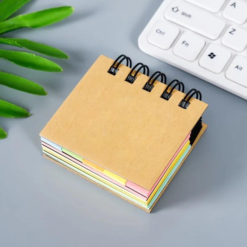 2pcs Portable Combination Note, Spiral Notebook Self-adhesive Note 3.3 Inches X 3 Inches X 0.79 Inches, Paper Label, Brown Cover