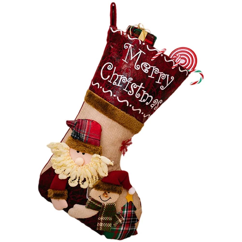 

Holiday Stockings for Kids Featuring Cartoon Santa Snowman Elk Patterns Suitable for Hanging on Mantels Walls and Doors