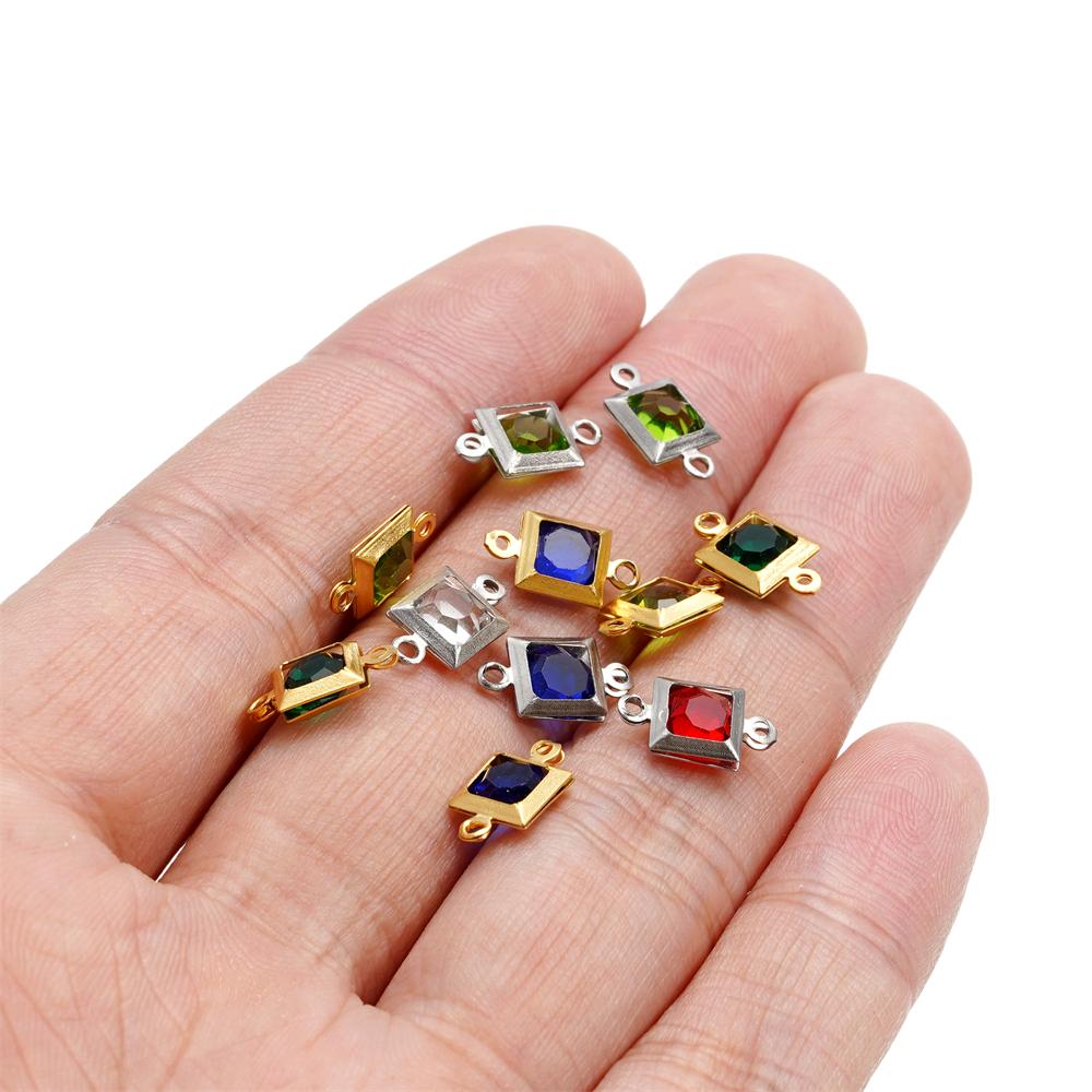 10pcs Stainless Steel Double Holes Square with Rhinestones Bracelet Necklace Pendant Connectors for DIY Jewelry Making Supplies