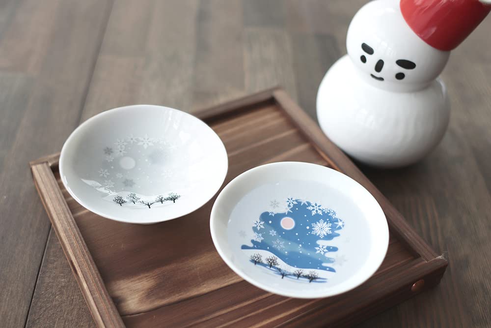 [Temperature As Design] Marumo Takagi Ceramics - Cooling Snow Crystal White Flat Sake Cups (Pair Set) - The Design Changes with Temperature. Comes In