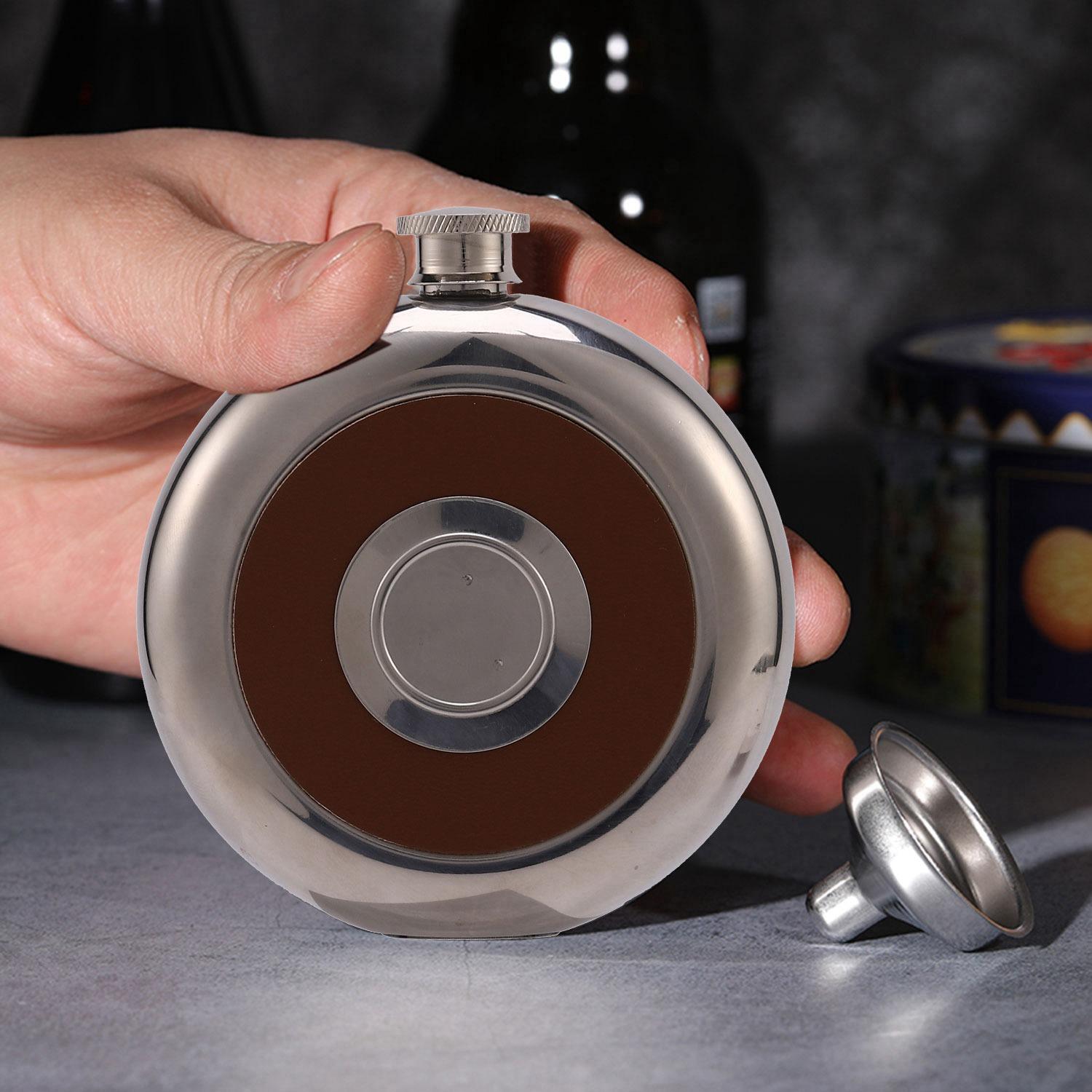 

ABWR-Round Stainless Steel Pocket Flask With Build-In Shot Glass 5Oz Hip Flask Mirror Polished Mini Alcohol Bottles