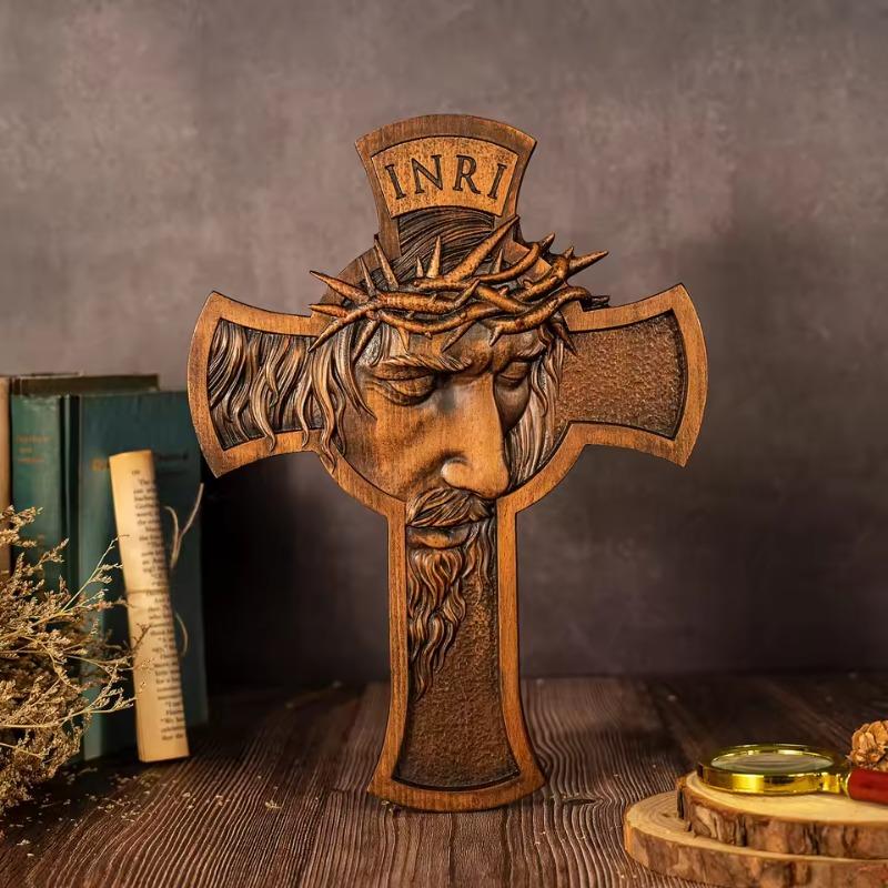 

Vintage Wood Carving Crown of Thorns Crucifixion Wooden Cross Carved Ornaments Gifts high 25cm