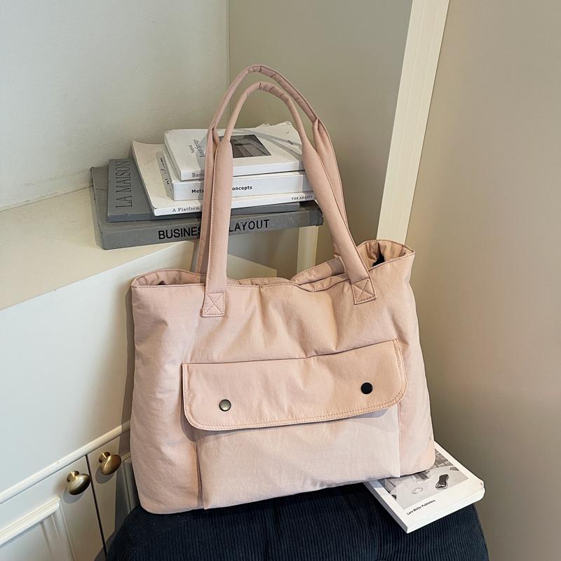 Minimalist Solid Color Tote Bag for Women – Large Capacity Shoulder Bag with Front Pocket – Perfect for Daily Use, Shopping, and School