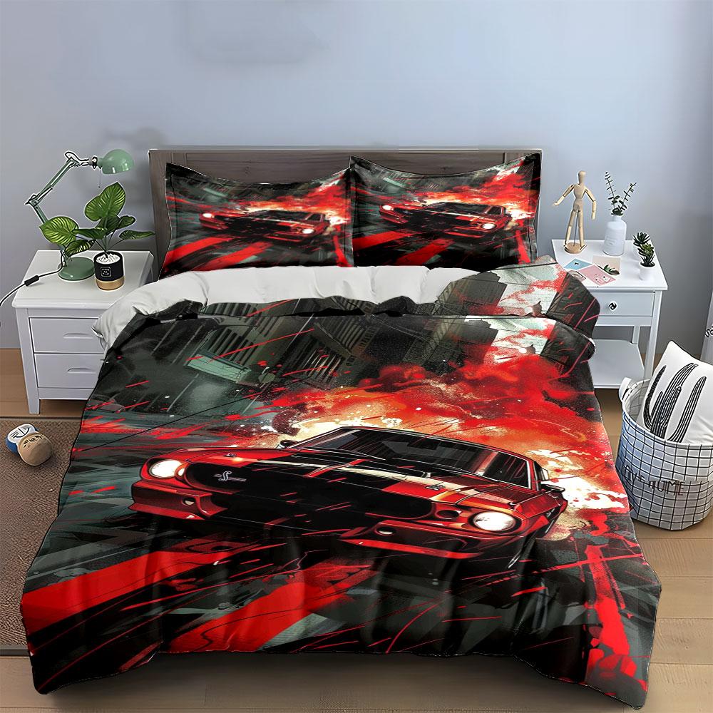 Red Muscle Car with Flames Bedding Duvet Cover Set  (1*Duvet Cover 2*Pillowcases, without duvet insert)