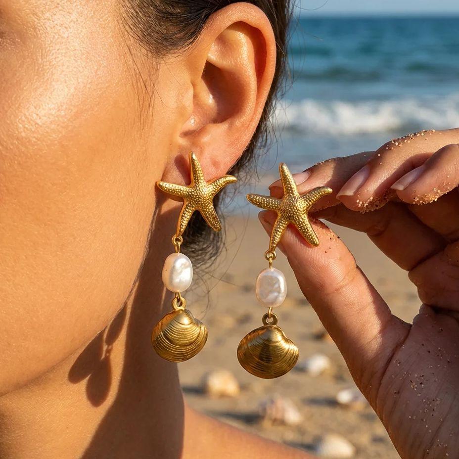 Ocean Style Metal Starfish Shell Pearl Dangle Earrings For Women Gold Color Imitation Pearl Tassel Long Earring Beach Jewelry