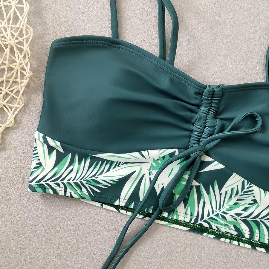 Bikini z wysokim stanem Damskie Vintage Kwiatowy Wzór Plisowany Sznurek Push-Up Patchwork Kostium Kąpielowy Duży Rozmiar Strój Kąpielowy