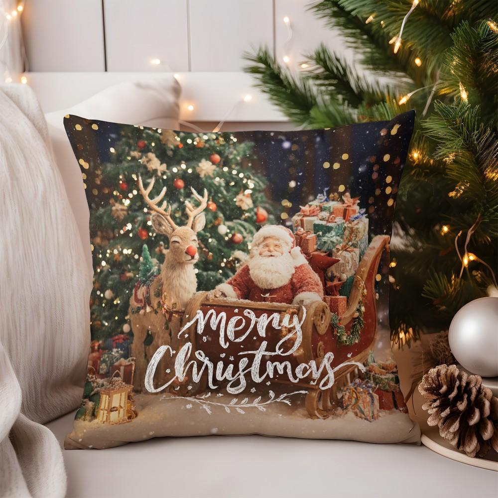 Home Decor Santa Sleigh and Reindeer Merry Christmas Pillow Pattern Cushion Cover Suitable for Sofa Bedroom Car Pillow Cover