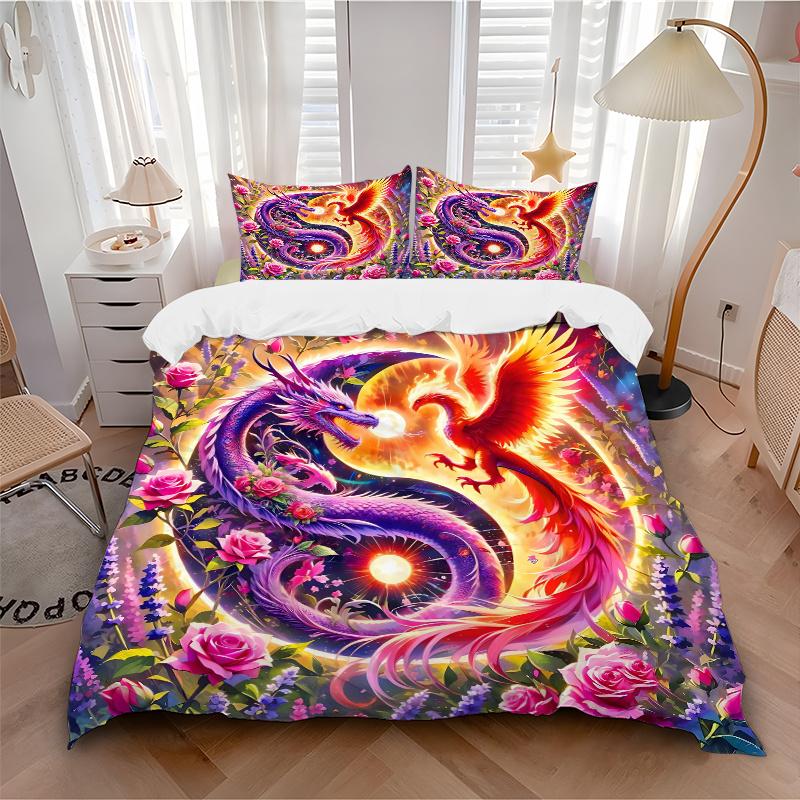 3pcs Dragon and Phoenix Dance Amidst Flowers and Light Pattern Bedding Three-Piece Set (1 Cover + 2 Pillowcases, No Fillings), This Printed