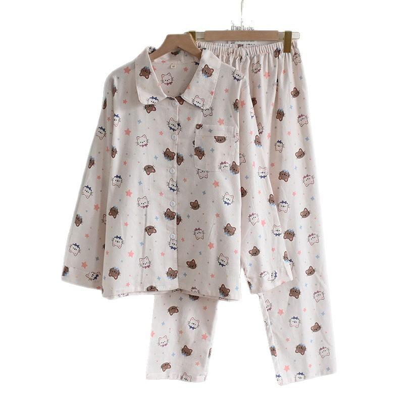 Womens Cotton Pajama Set Long Sleeve Button-Up Top With Pants Cartoon Print Comfortable Home Wear Fall Winter