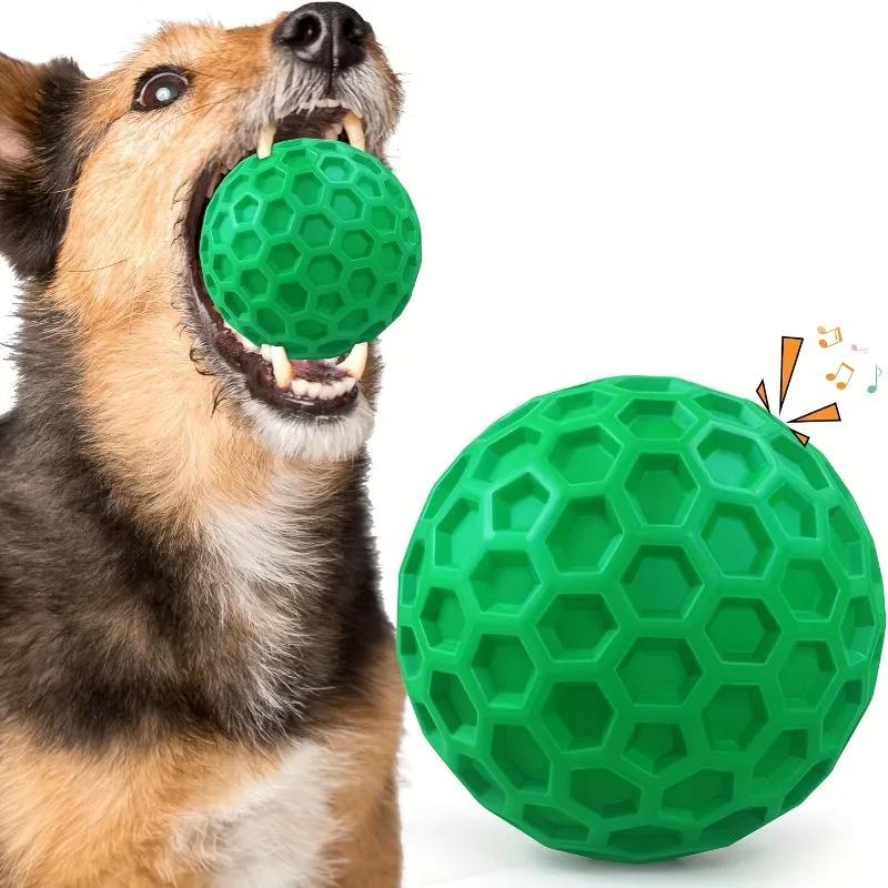 Indestructible Dog Chew Toy for Aggressive Chewers Tough Natural Rubber Squeaky Ball Beef Flavor Hexagonal Design Long