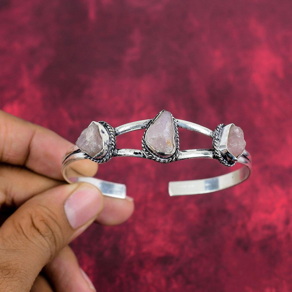 Rough Rose Quartz Bracelet Jewelry, Gemstone Bracelet 925 Solid Sterling Silver Jewelry, Handmade Unique Shape Adjustable Bracelet Jewelry