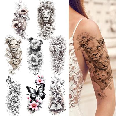 1 Sheet Leopard Flower Butterfly Elephant Dog Temporary Tattoos For Women Girls Lion Magic Book Fake Tattoo Sleeve Waterproof