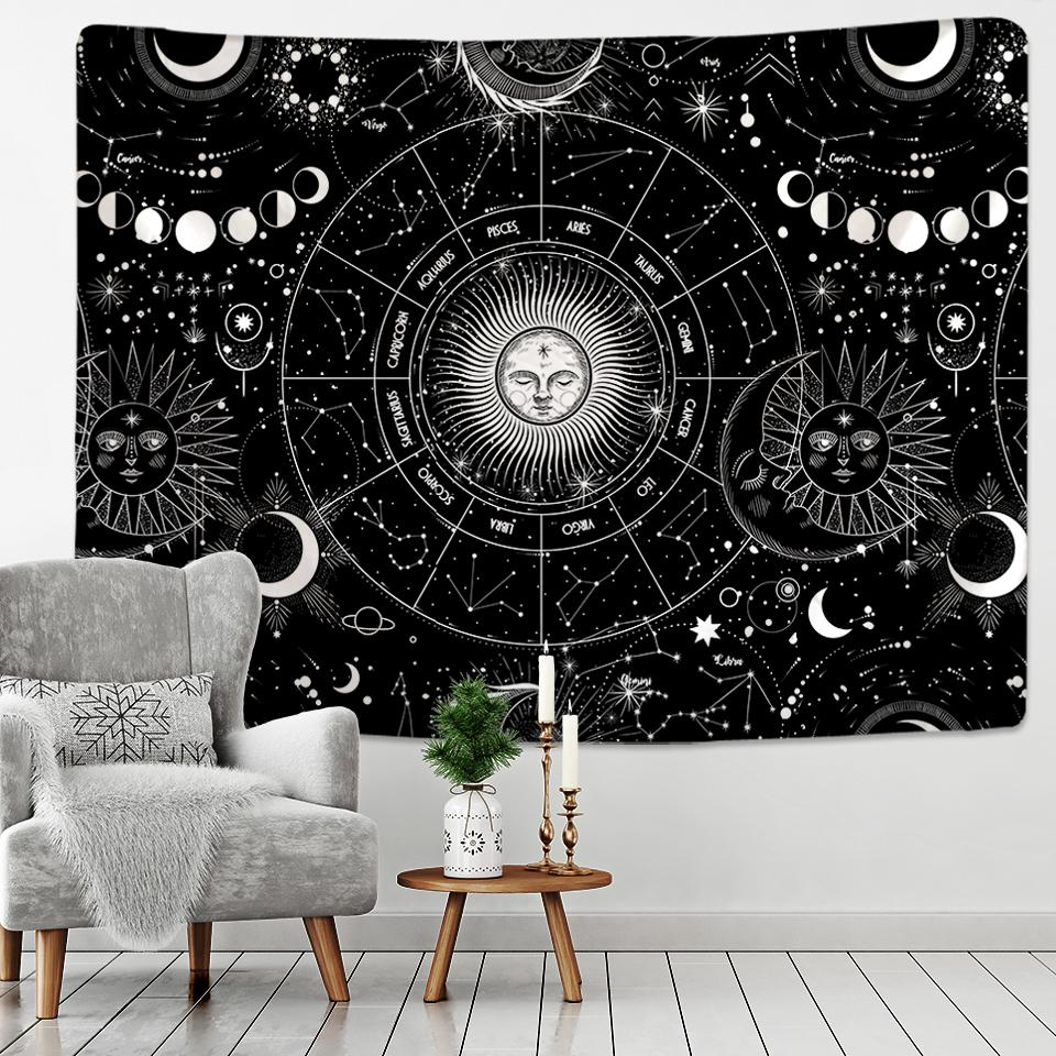 Sun Moon Tapestry Black White Starry Sky Wall Hanging Astrology Divination Matwitchcraft Hippie Mandalas Psychedelic Taiji Decor