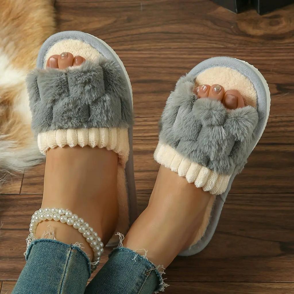 2025Bow Decorative Plush Slippers For Women Autumn Winter Warm Indoor Home Soft Sole Lightweight Slides Furry Cotton Shoes