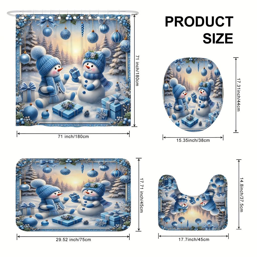 Christmas Winter Shower Curtain Set - Snowman and Christmas Ball Gift Cute Blue, Polyester Washable for Xmas Holiday Bathroom De