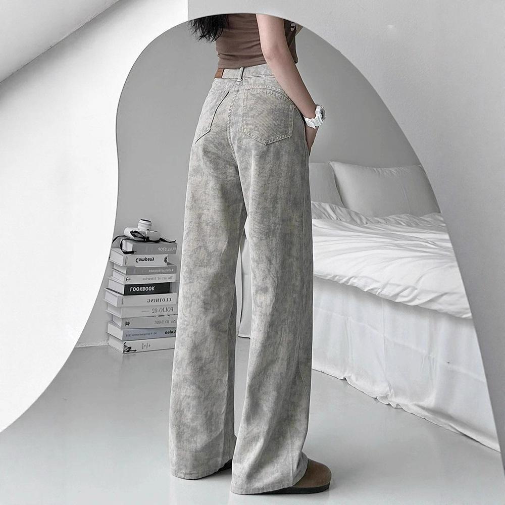 Summer Wide-legged Jeans Female Thin Section Tie Dye Printing Niche Design Loose Straight Pants Retro Street Style Baggy Long Jeans for Ladies