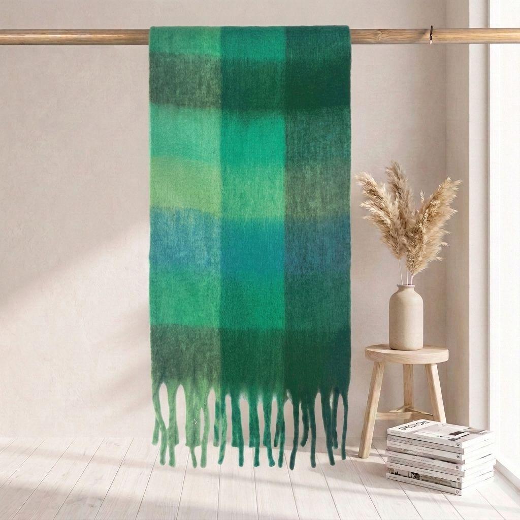 Women's High-Grade Colorful Plaid Mohair Scarf - Thick, Warm, and Versatile for Winter