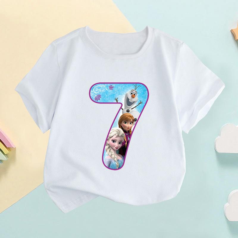 Frozen Elsa Anna Princess Number Bow Print Kids Tshirt Girls Clothes 1 2 3 4 5 6 7 8 9 Years Birthday Baby Boys T-Shirts,HKP2453