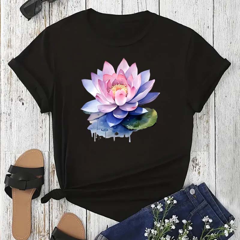 Trendy Lotus Flower Print Women T-shirt Streetwear Short Sleeves Tee Tops Summer Cute Woman Clothes Tops
