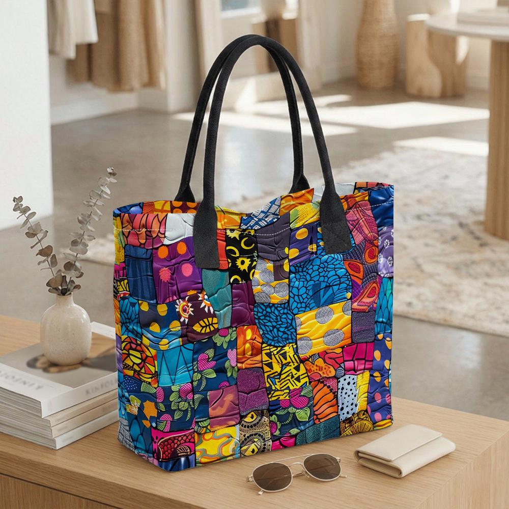 Colorful Patchwork Tote Bag Casual Large Capacity Shoulder Bag for Daily Use