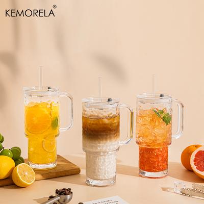 760ML Large Glass Tumbler with Handle And Lid -Iced Coffee Cup with Straws Four Stylish Patterns for Cold & Hot Beverages 1/2PCS