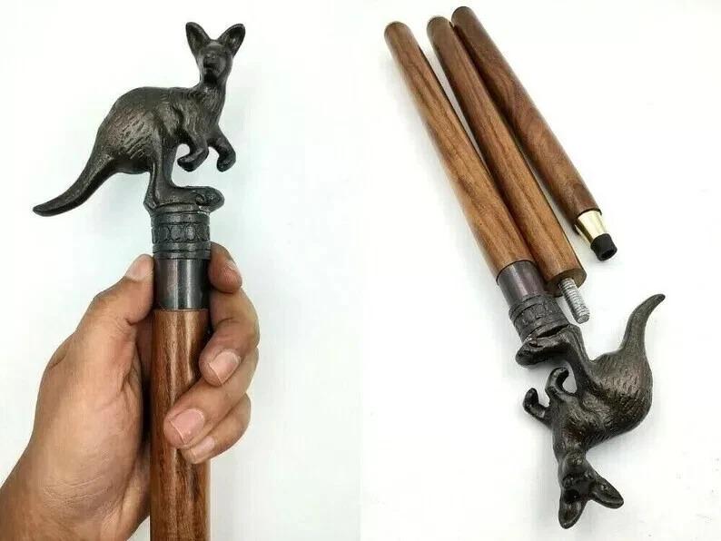 Antique Finish Metal Kangaroo Head Handle Wooden Walking cane-Walking Stick-