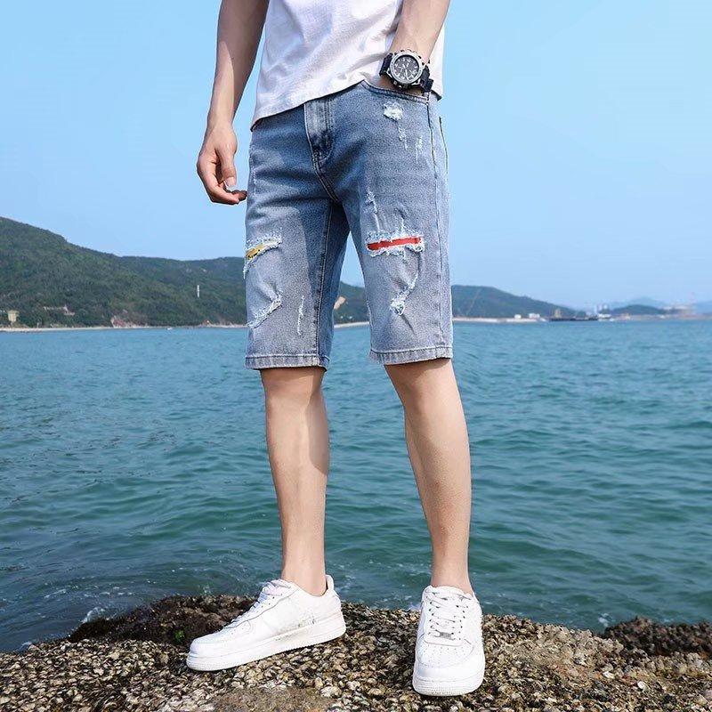 

Летние мужские корейские модные рваные шорты с пятью точками, джинсы длиной до колена, уличная одежда, тонкие синие мешковатые джинсовые шорты с дырками 34 синий