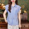 GMXIA Women's Gentle Little Fresh Short Sleeve Blouse Women Summer Fashion Ageing Blue Stripe Thin Breathable Shirt