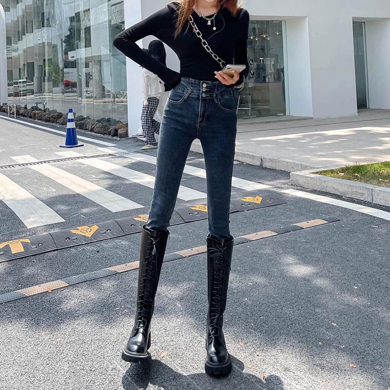 Blue-Gray Stretchy High Waist Skinny Jeans - Butt-Lifting, Tummy-Control, Leg-Lengthening, Slimming Cropped Pencil Pants for Women