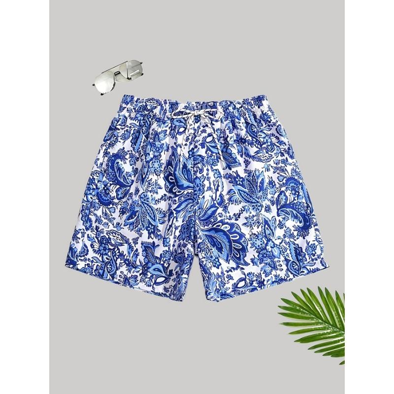 Men s Drawstring Waist Floral Print Loose Beach Shorts Graphic Pool Shorts M