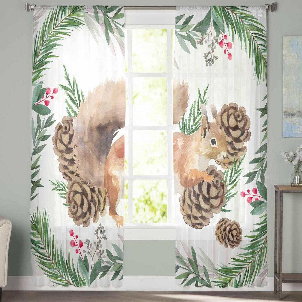 Christmas Plants Pine Needles Pinecone Squirrels Sheer Curtains Modern Gauze Curtain for Living Room Bedroom Voile Yarn Curtains