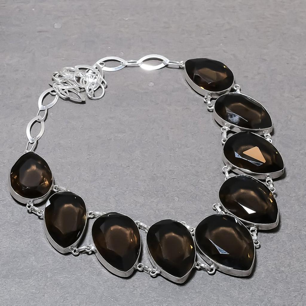 Lab Created Smoky Quartz Necklace 18" Adjustable Chain Pear Cut Gemstone Jewelry