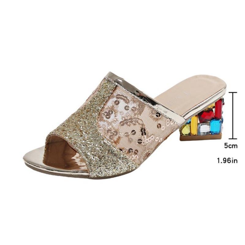 Women's Sequin Peep Toe Single Strap Mid Heel Sandals, Chunky Heel Summer Slides