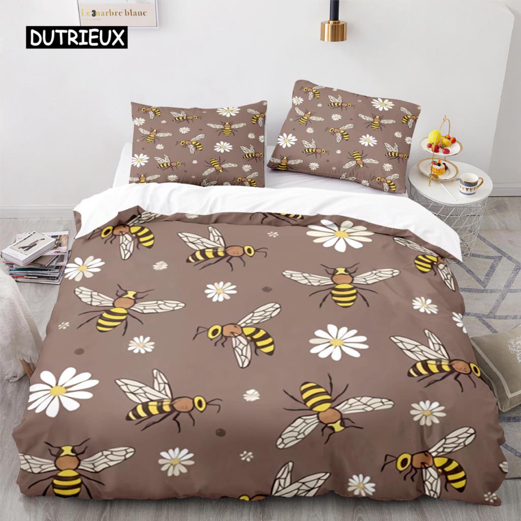 Süße Cartoon-Biene Bettbezug King Queen Honig Bettwäsche Set Kinder Jungen Mädchen Frühling Gelb Polyester Bettdeckenbezug